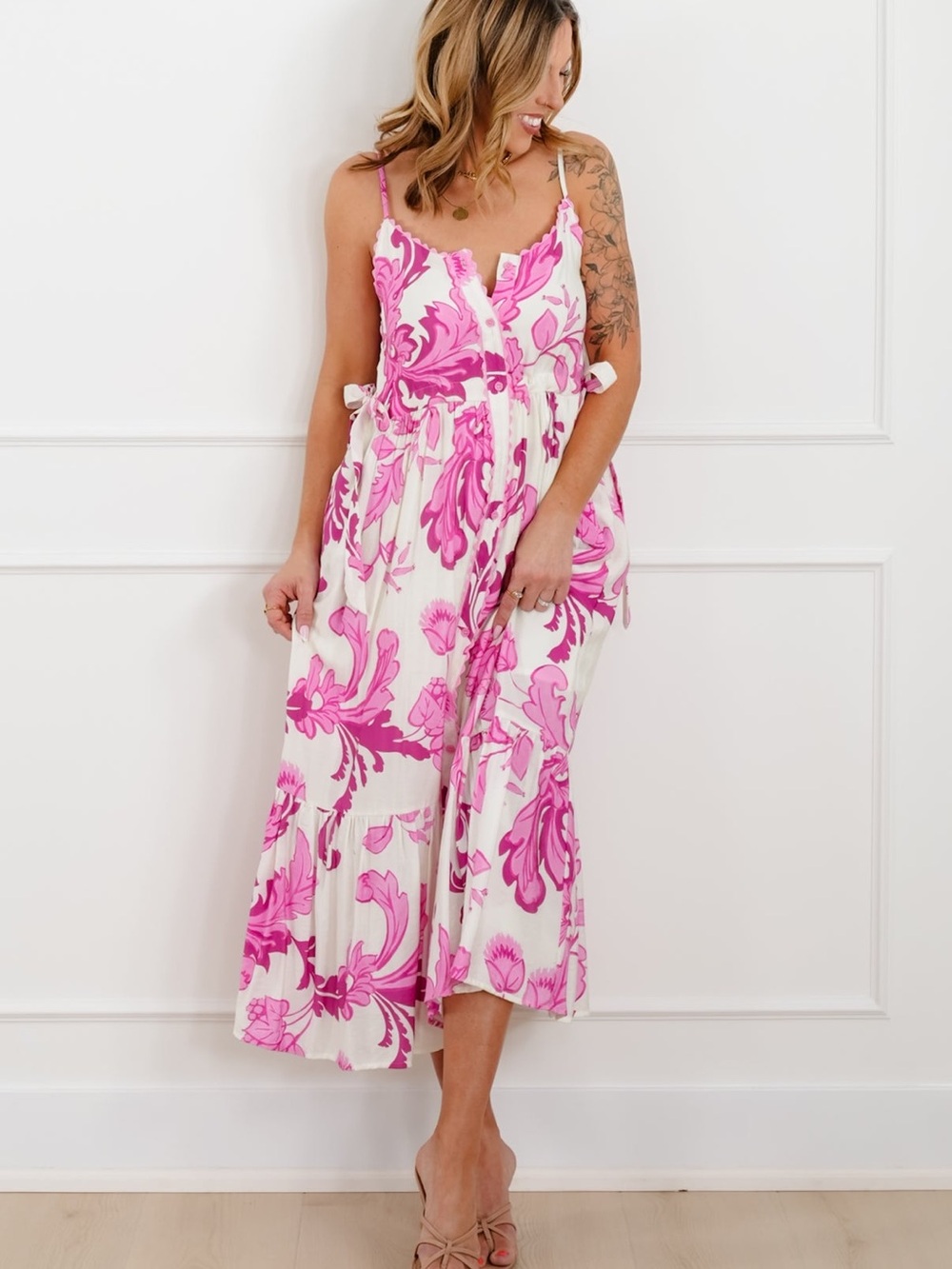 entro White Maxi Dress with Pink Floral Print size large